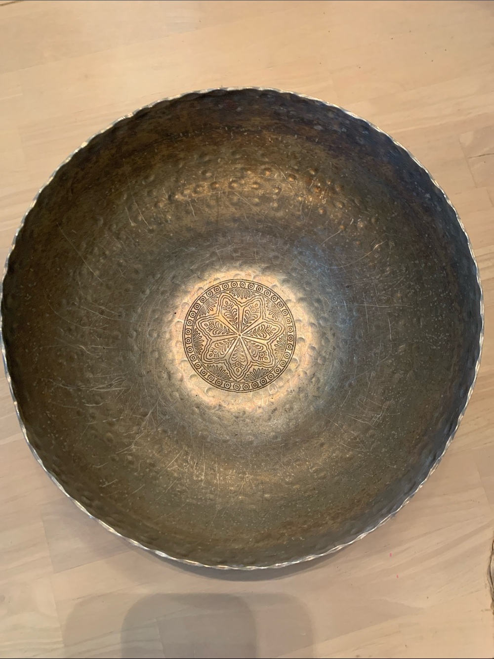VTG Hand Stamped Metal Bowl 10” X 5” Unpolished Primitive Serving Bowl